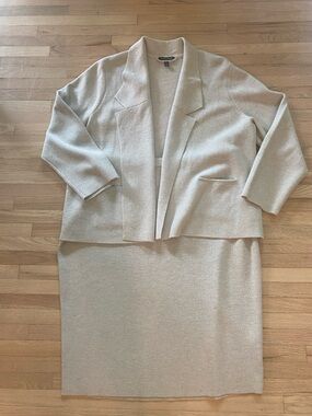 Eileen Fisher 100% wool quiet luxury old money open collared cardigan skirt set
